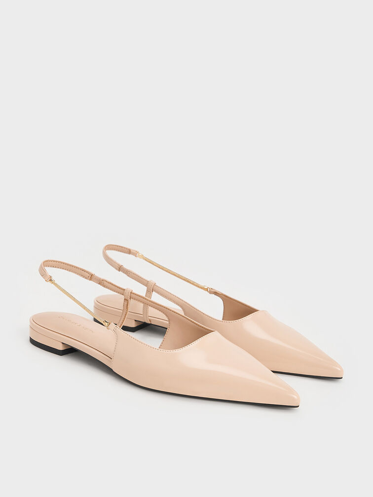 Chain-Strap Pointed-Toe Slingback Flats, Nude, hi-res