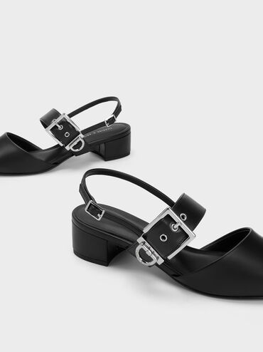 Buckled Strap Slingback Pumps, Black, hi-res