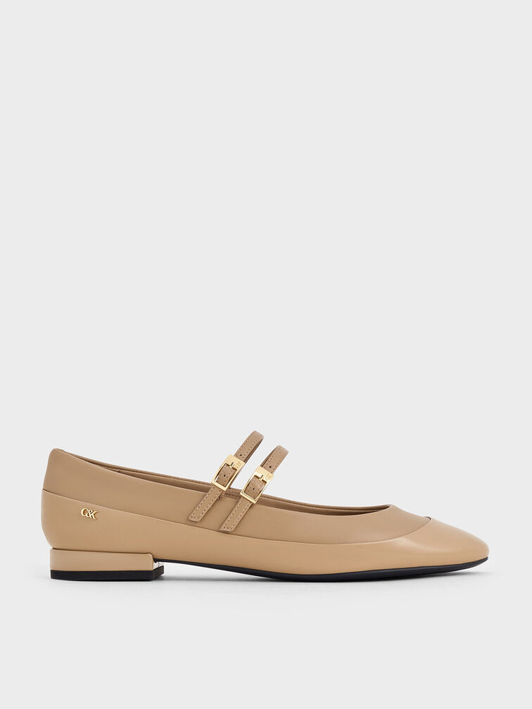 Leather & Patent Double-Strap Mary Jane Flats, Taupe, hi-res