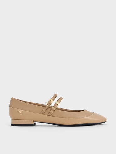 Leather & Patent Double-Strap Mary Jane Flats, Taupe, hi-res