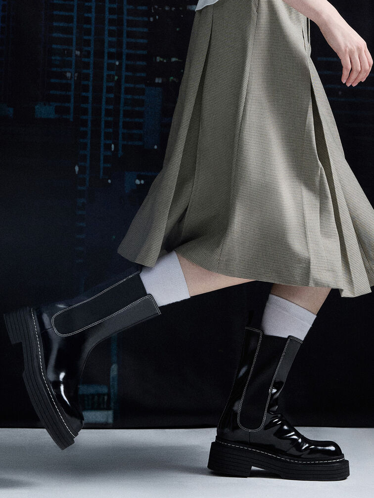 Stitch-Trim Platform Mid-Calf Chelsea Boots, Black Box, hi-res
