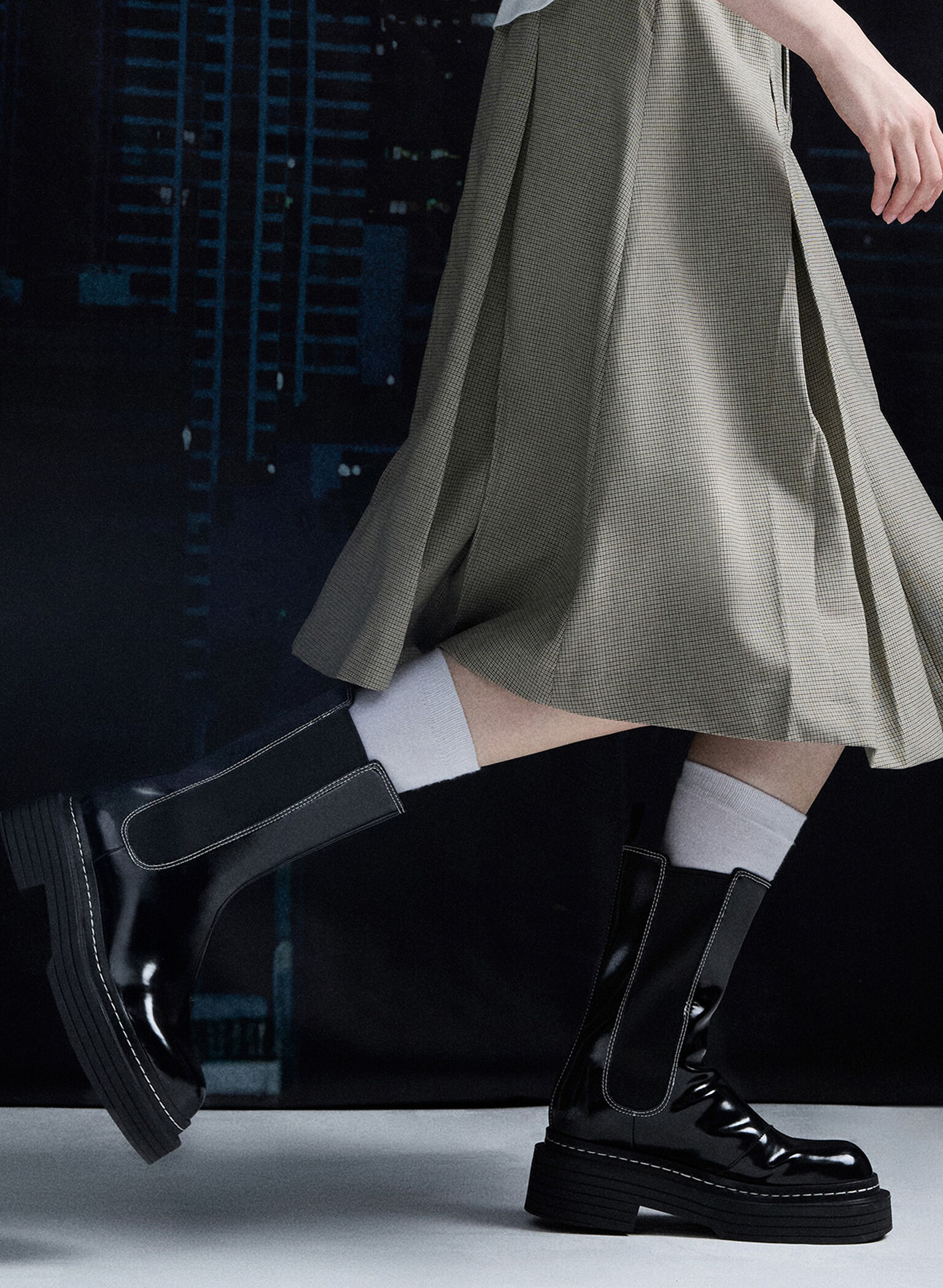 Stitch-Trim Platform Mid-Calf Chelsea Boots, Black Box, hi-res