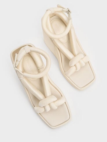 Toni Knotted Puffy-Strap Wedges, Chalk, hi-res