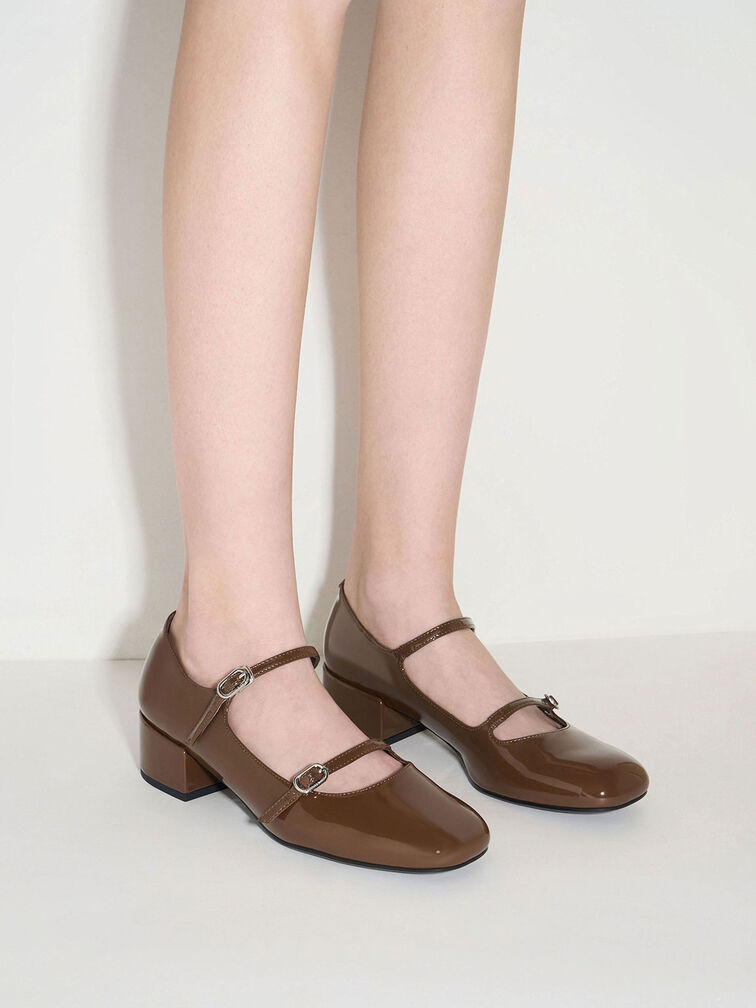 Double-Strap Block-Heel Mary Janes, Brown, hi-res