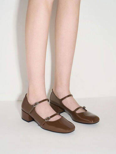 Double-Strap Block-Heel Mary Janes, Brown, hi-res