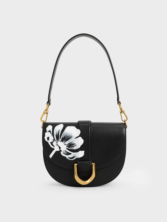 Hand-Painted Floral Gabine Leather Saddle Bag, Black, hi-res