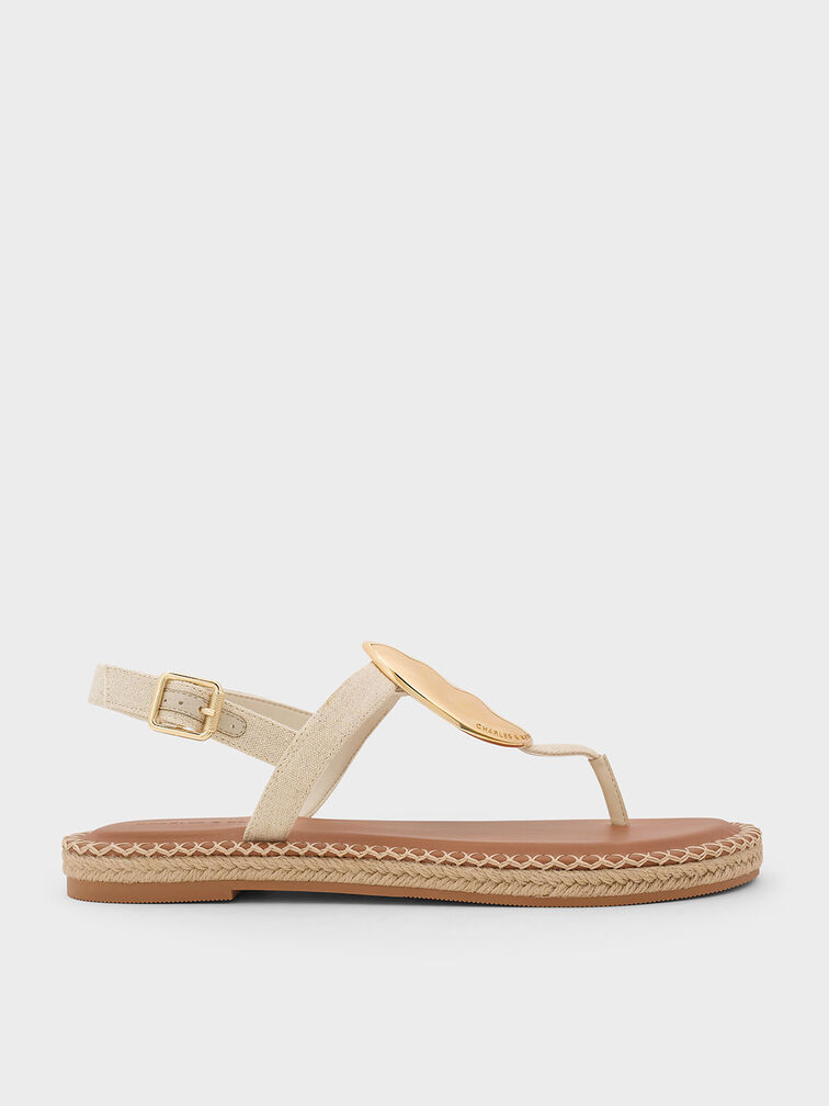 Linen Metallic Oval Espadrille Sandals, Beige, hi-res