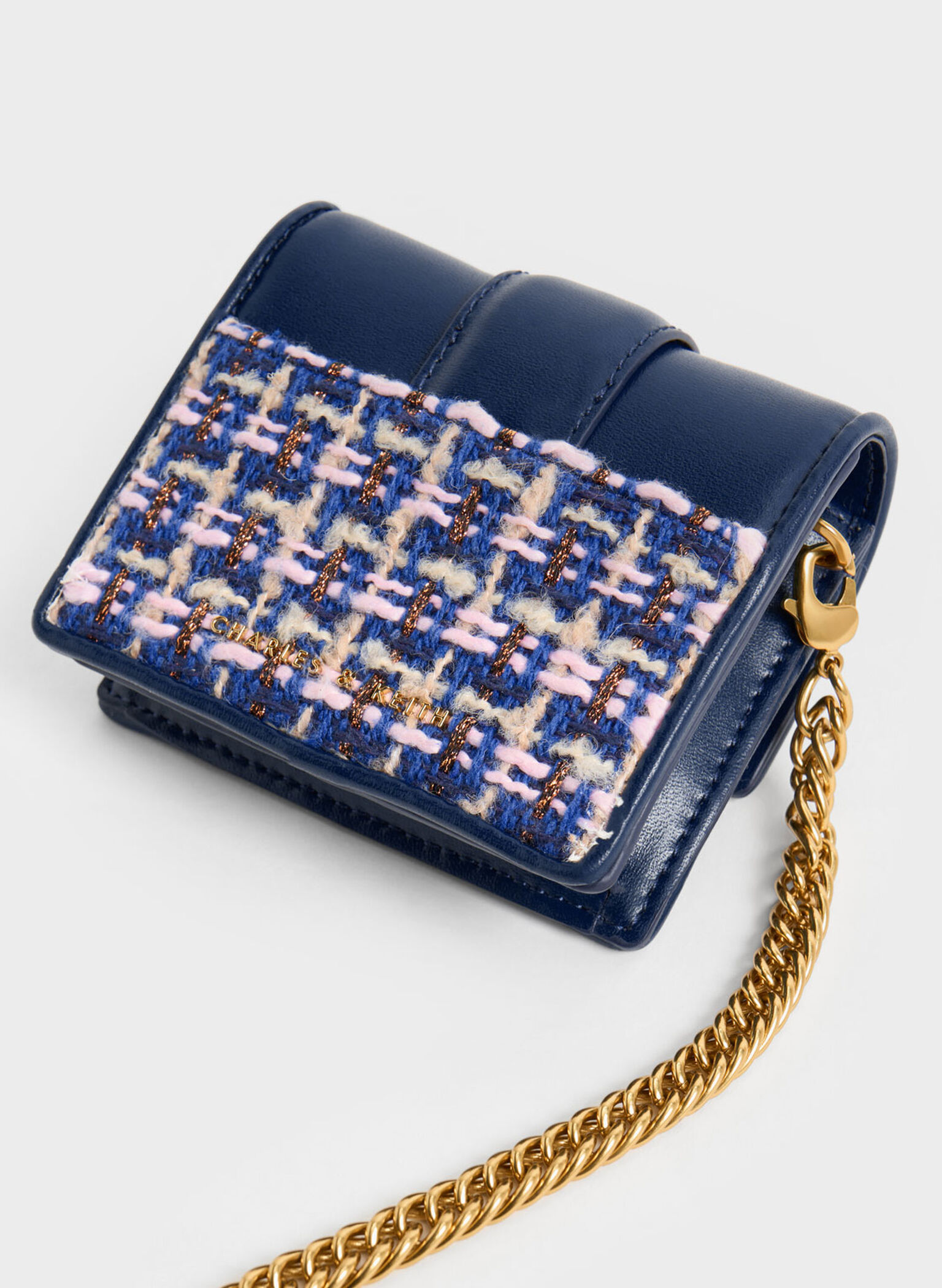 Gabine Tweed Chain-Link Card Holder, Navy, hi-res