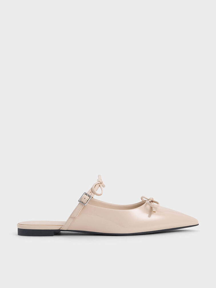 Patent Double-Bow Pointed-Toe Mules, Nude, hi-res
