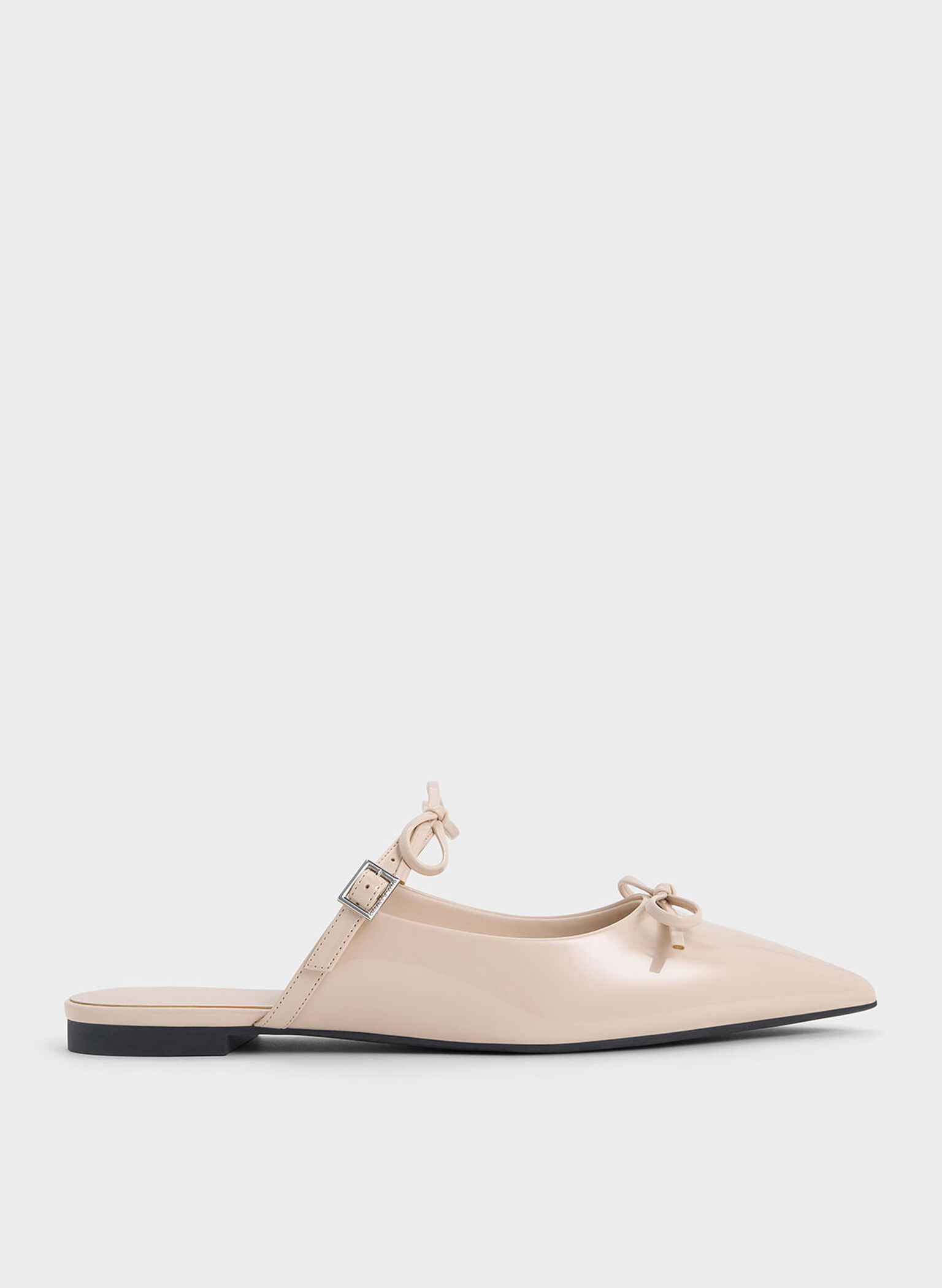 Patent Double-Bow Pointed-Toe Mules, Nude, hi-res