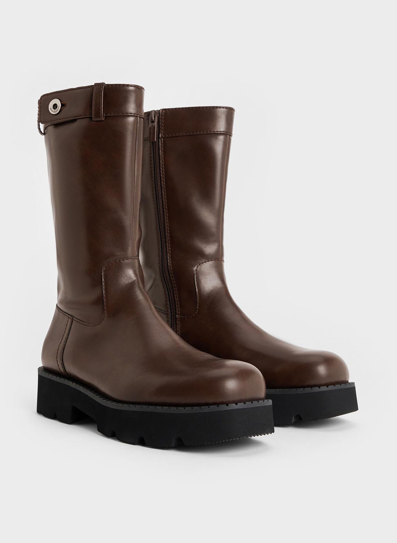 Side-Zip Lug-Sole Calf Boots, Dark Brown, hi-res