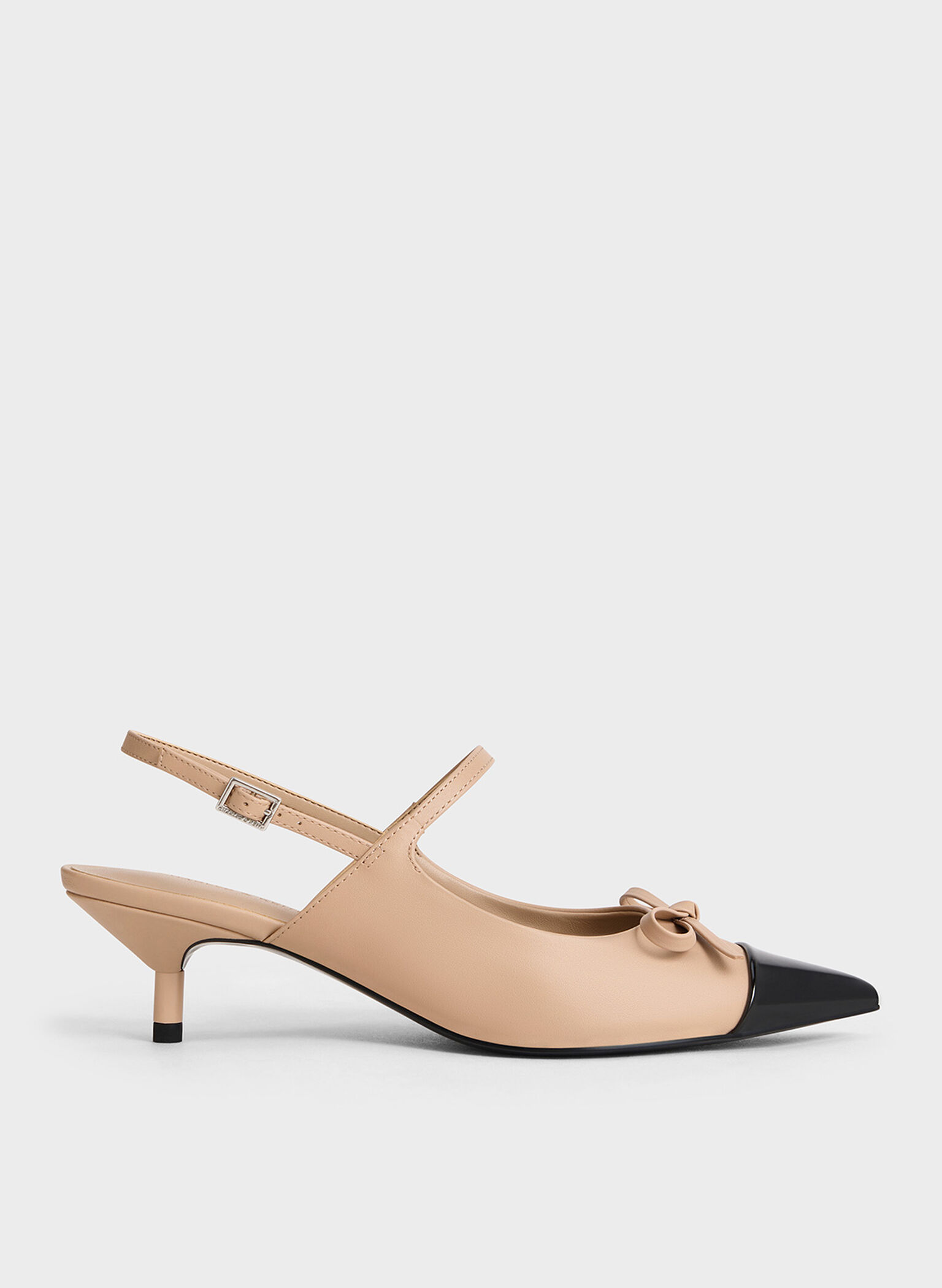 Bow Cap-Toe Kitten-Heel Slingback Pumps, Nude, hi-res