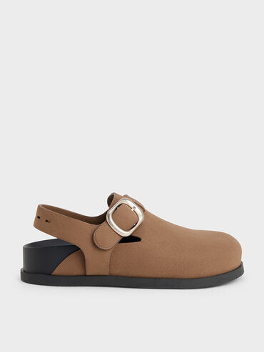 Suede Buckled Slingback Mules, Brown, hi-res