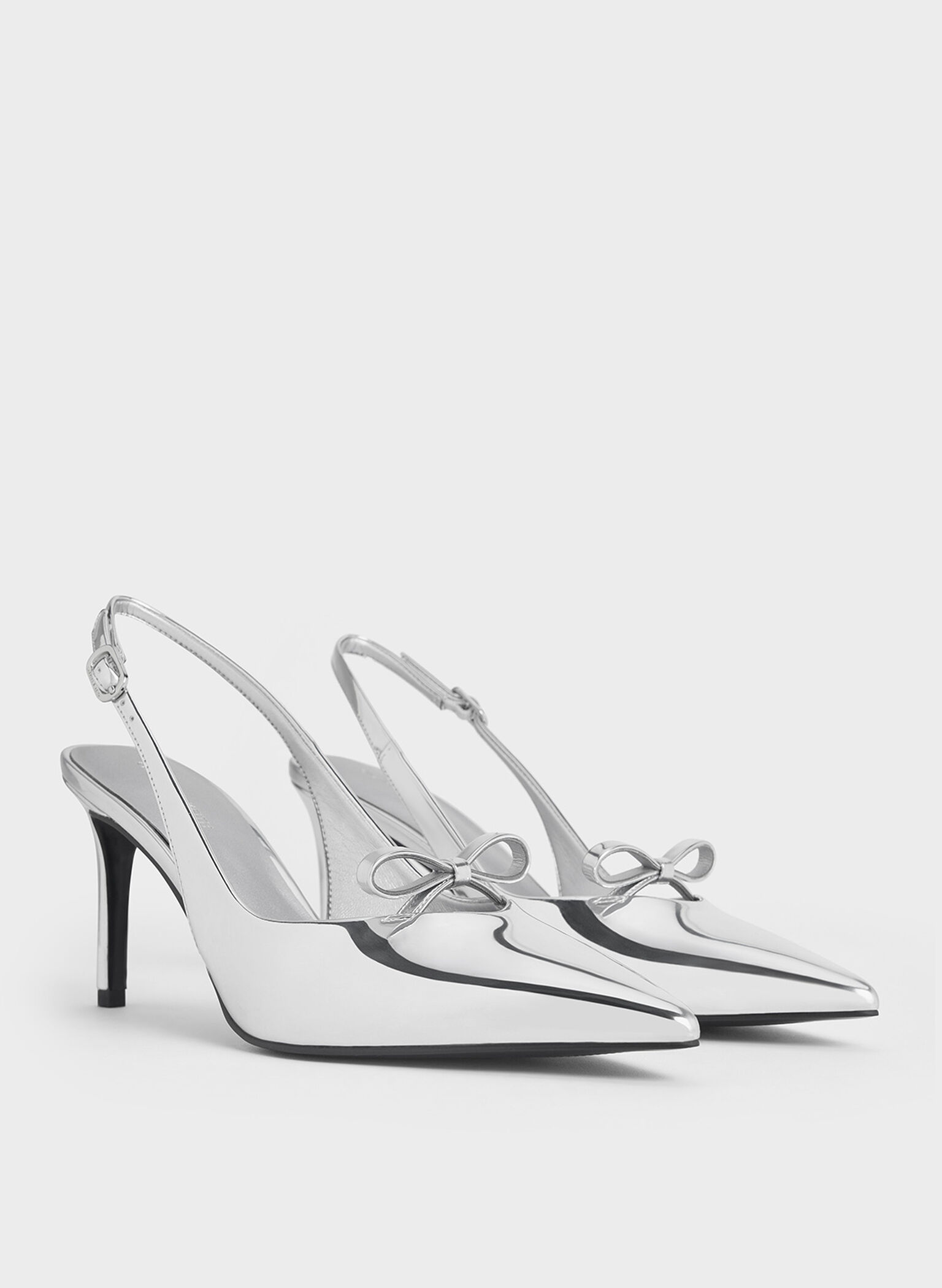 Metallic Bow Slingback Pumps, Silver, hi-res
