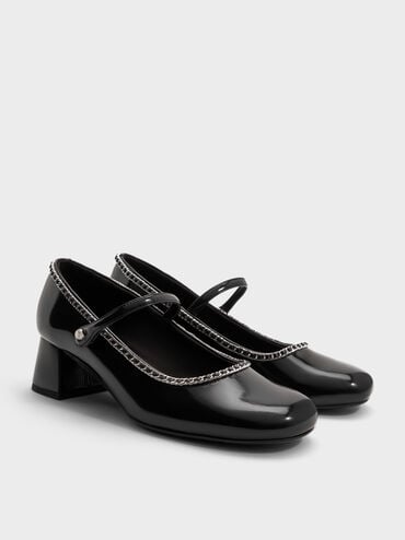 Braided-Chain Block-Heel Mary Jane Pumps, Black Box, hi-res