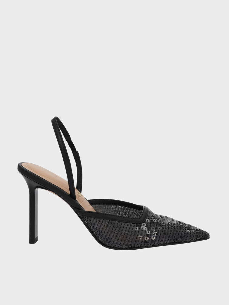 Sequin Mesh & Leather Pointed-Toe Slingback Pumps, Black Textured, hi-res