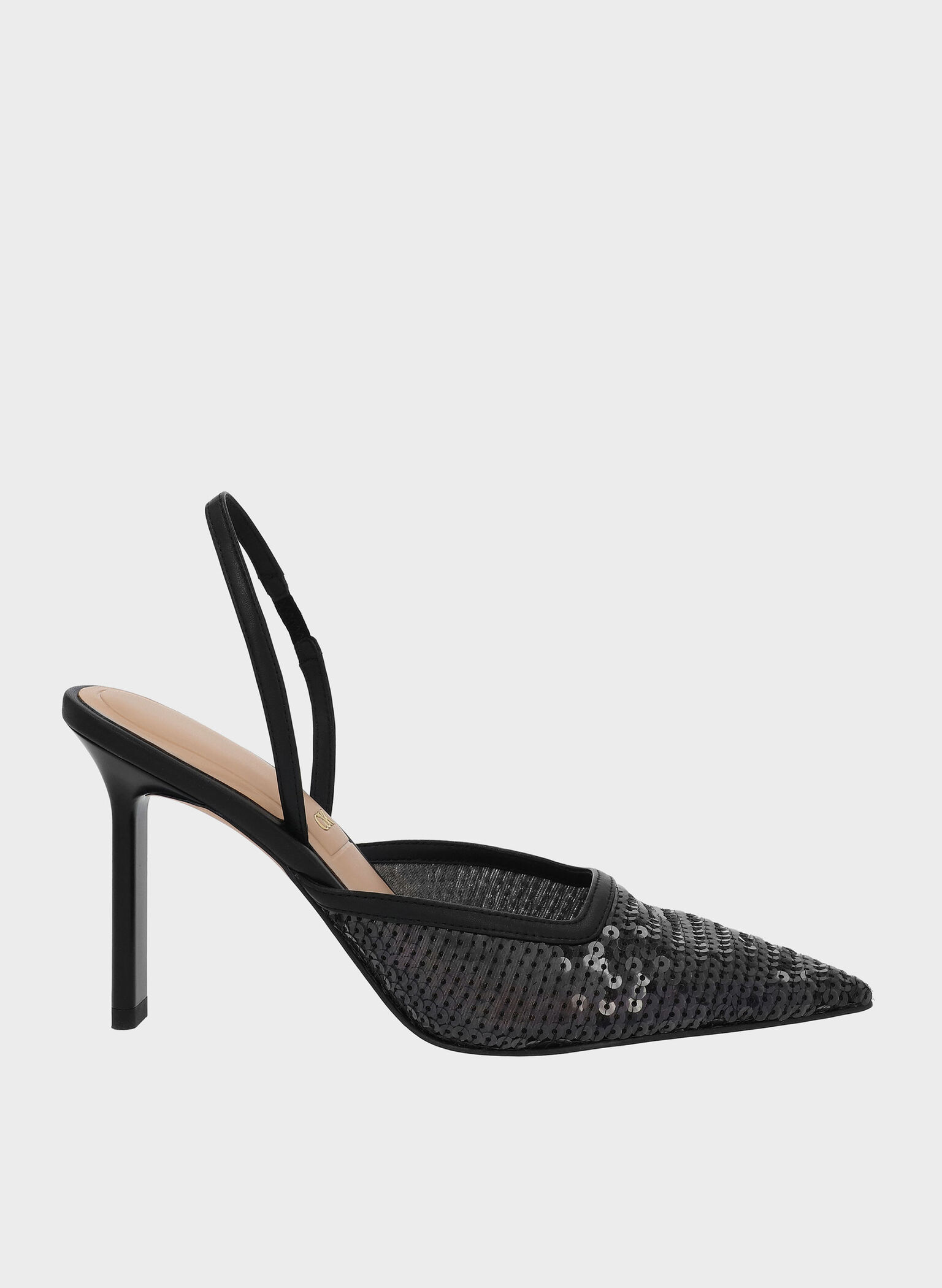 Sequin Mesh & Leather Pointed-Toe Slingback Pumps, Black Textured, hi-res