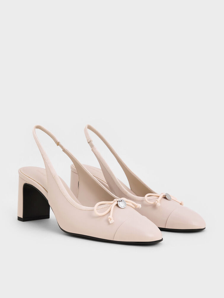 Bow Cap-Toe Slingback Pumps, Cream, hi-res
