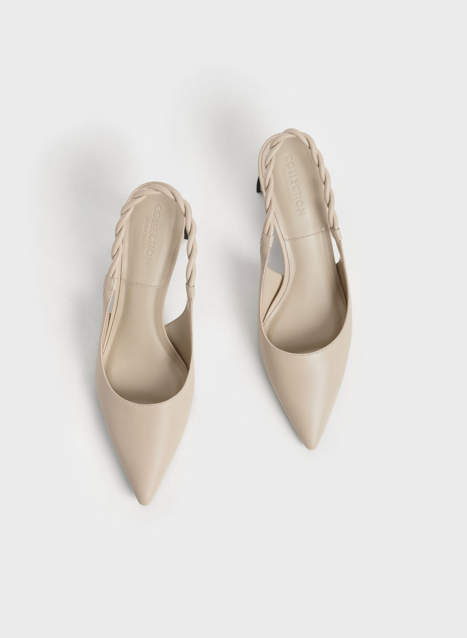 Leather Braided Slingback Pumps, Beige, hi-res