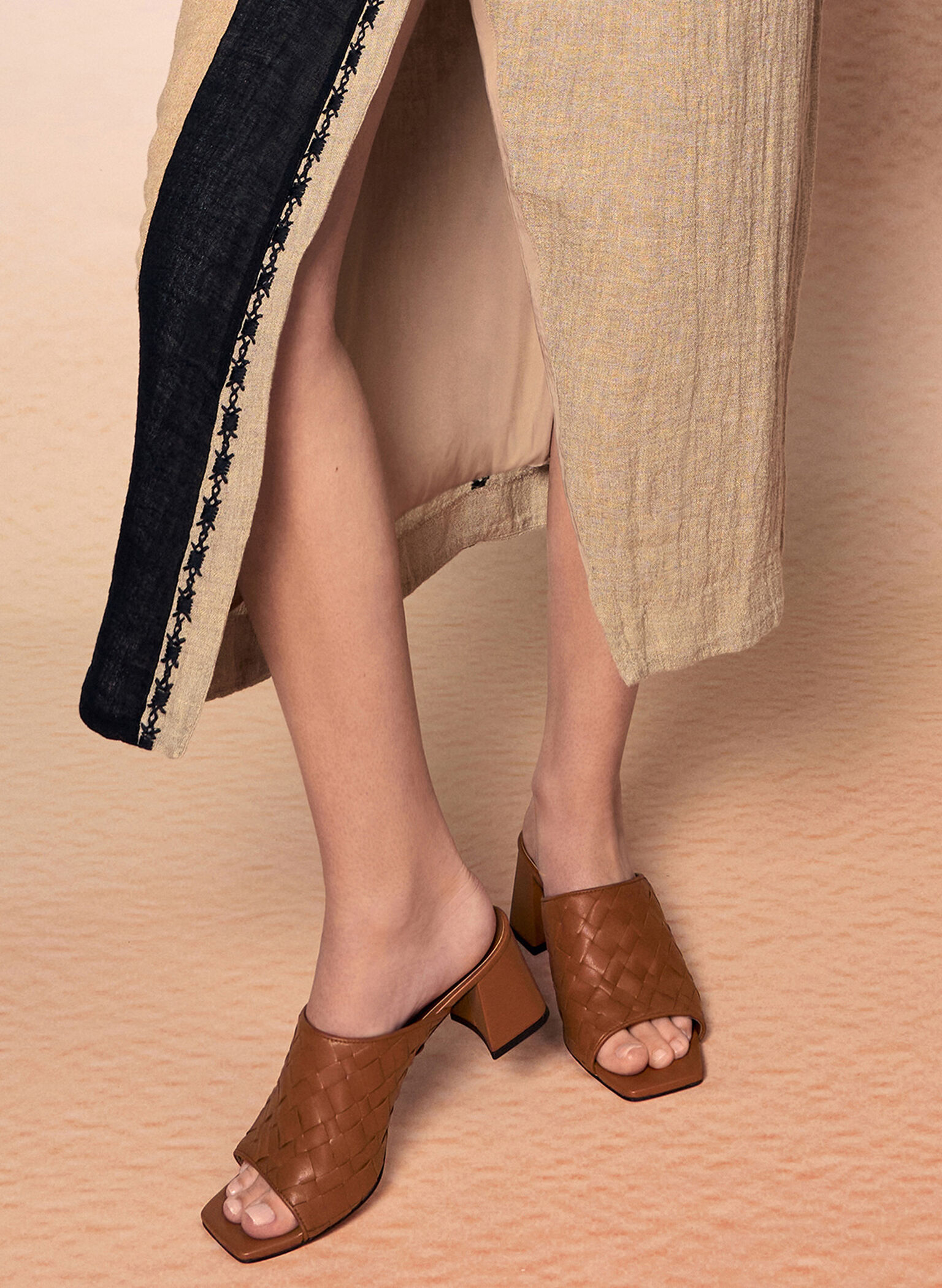 Woven Square-Toe Heeled Mules, Brown, hi-res