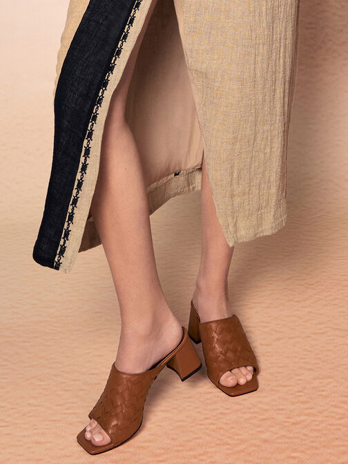 Woven Square-Toe Heeled Mules, Brown, hi-res