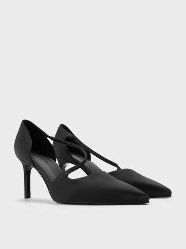 Satin Asymmetric-Strap D’Orsay Stiletto Pumps, Black Textured, hi-res