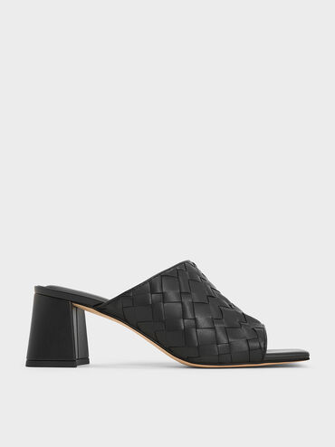 Woven Square-Toe Heeled Mules, Black, hi-res