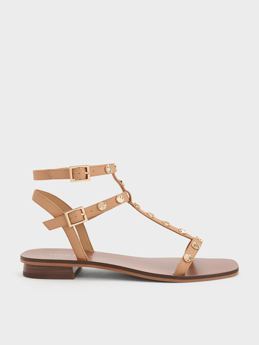 Studded Gladiator Sandals, Camel, hi-res