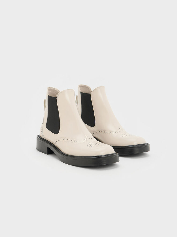 Brogue Leather Chelsea Boots, Chalk, hi-res