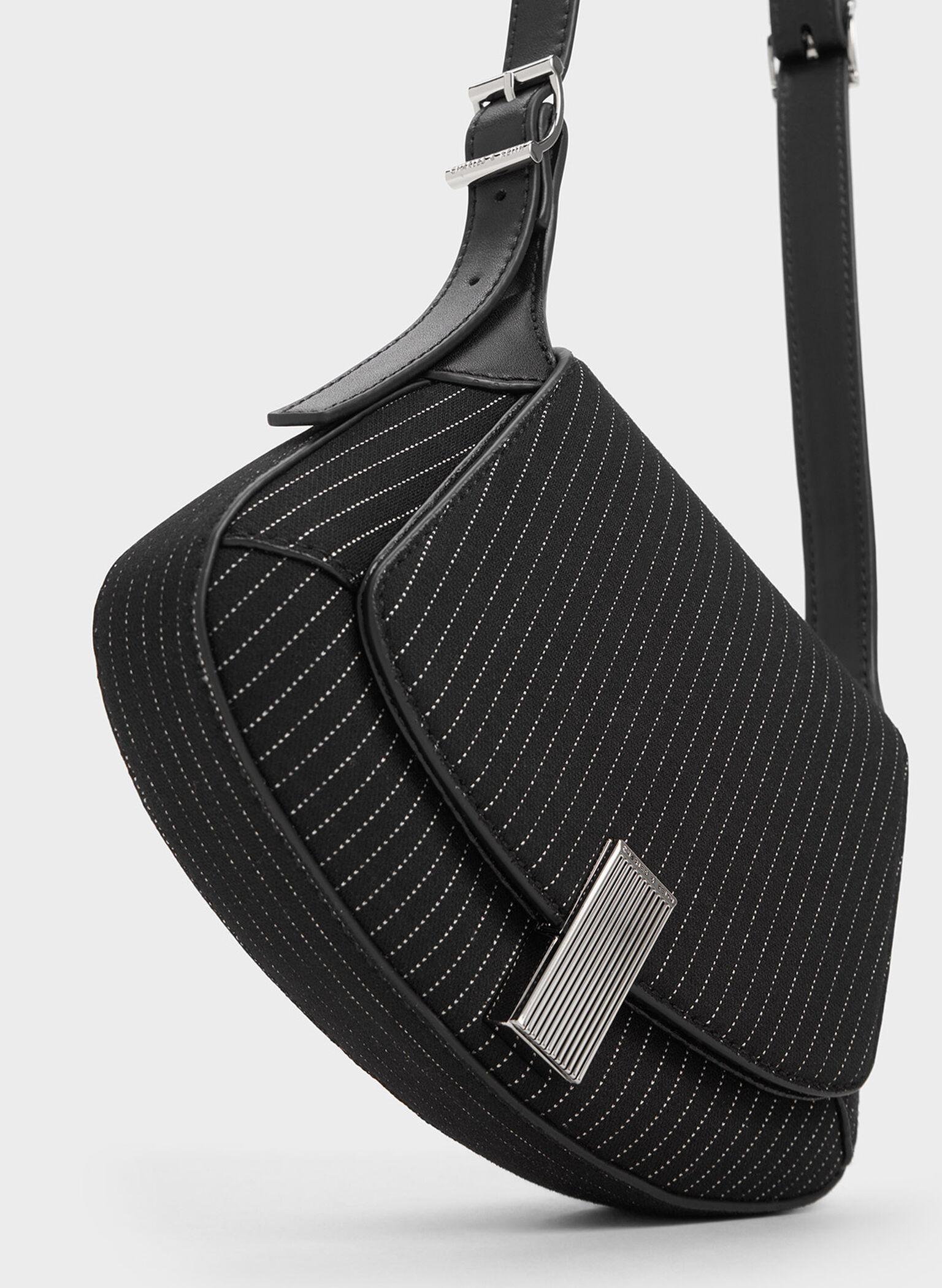 Striped Metallic-Accent Curved Top Handle Bag, Dark Grey, hi-res
