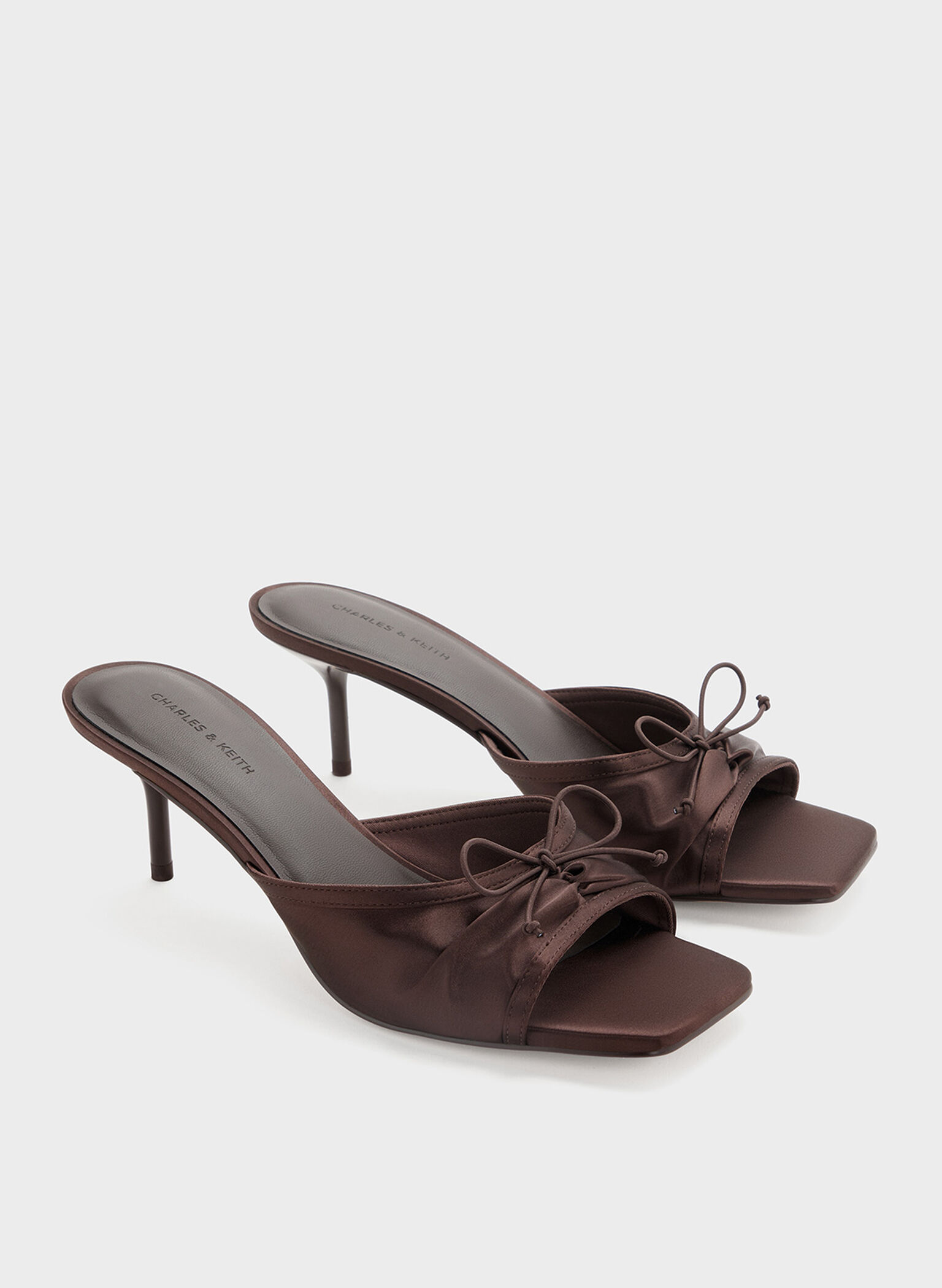 Satin Ruched Bow Heeled Mules, Dark Brown, hi-res