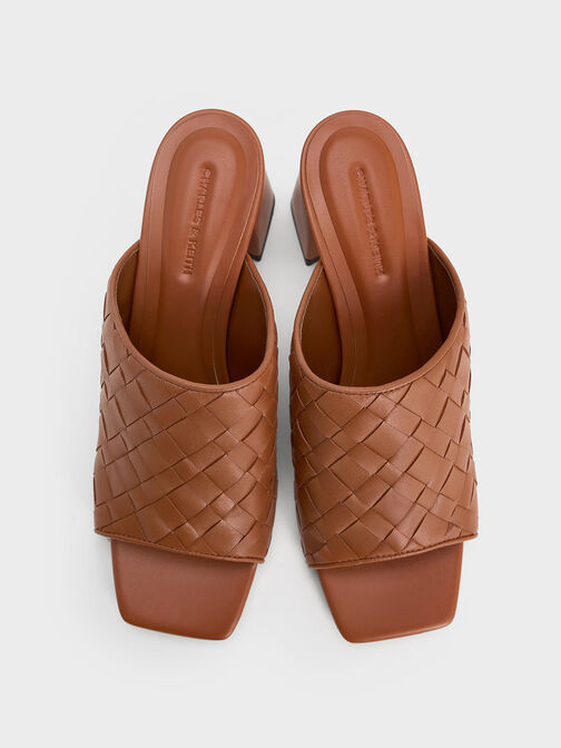 Woven Square-Toe Heeled Mules, Brown, hi-res