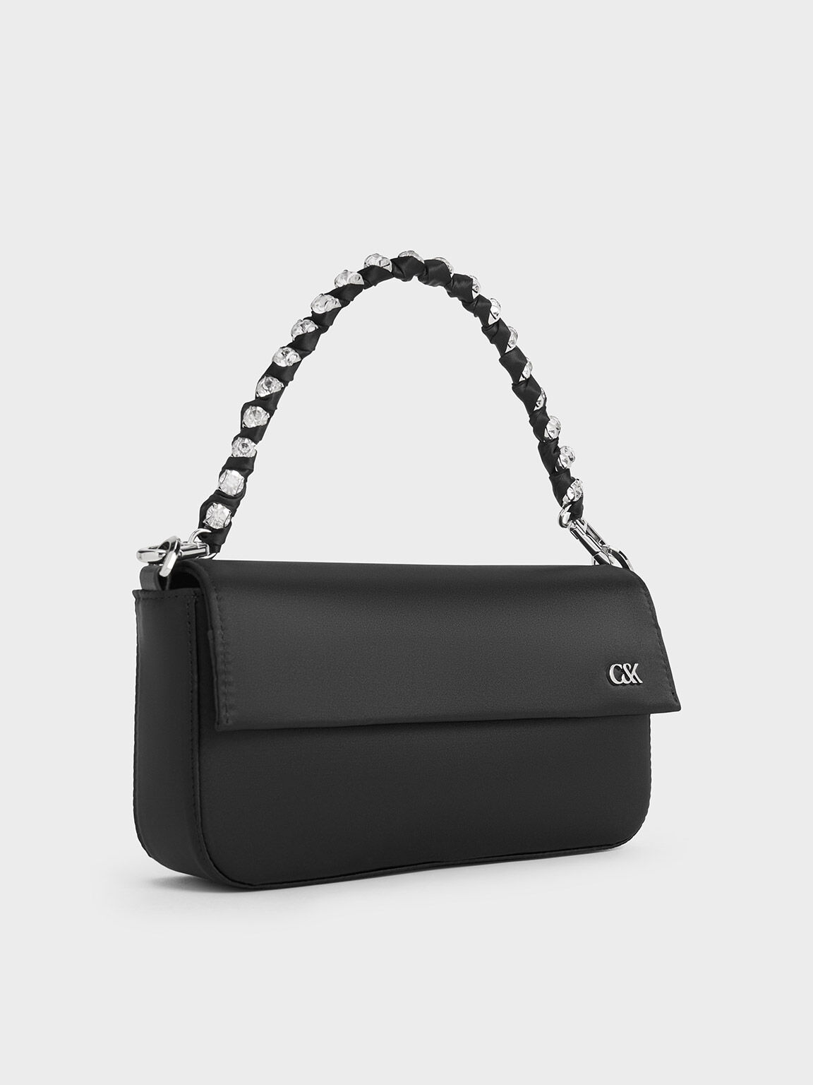 Goldie Satin Front Flap Gem Strap Bag Noir
