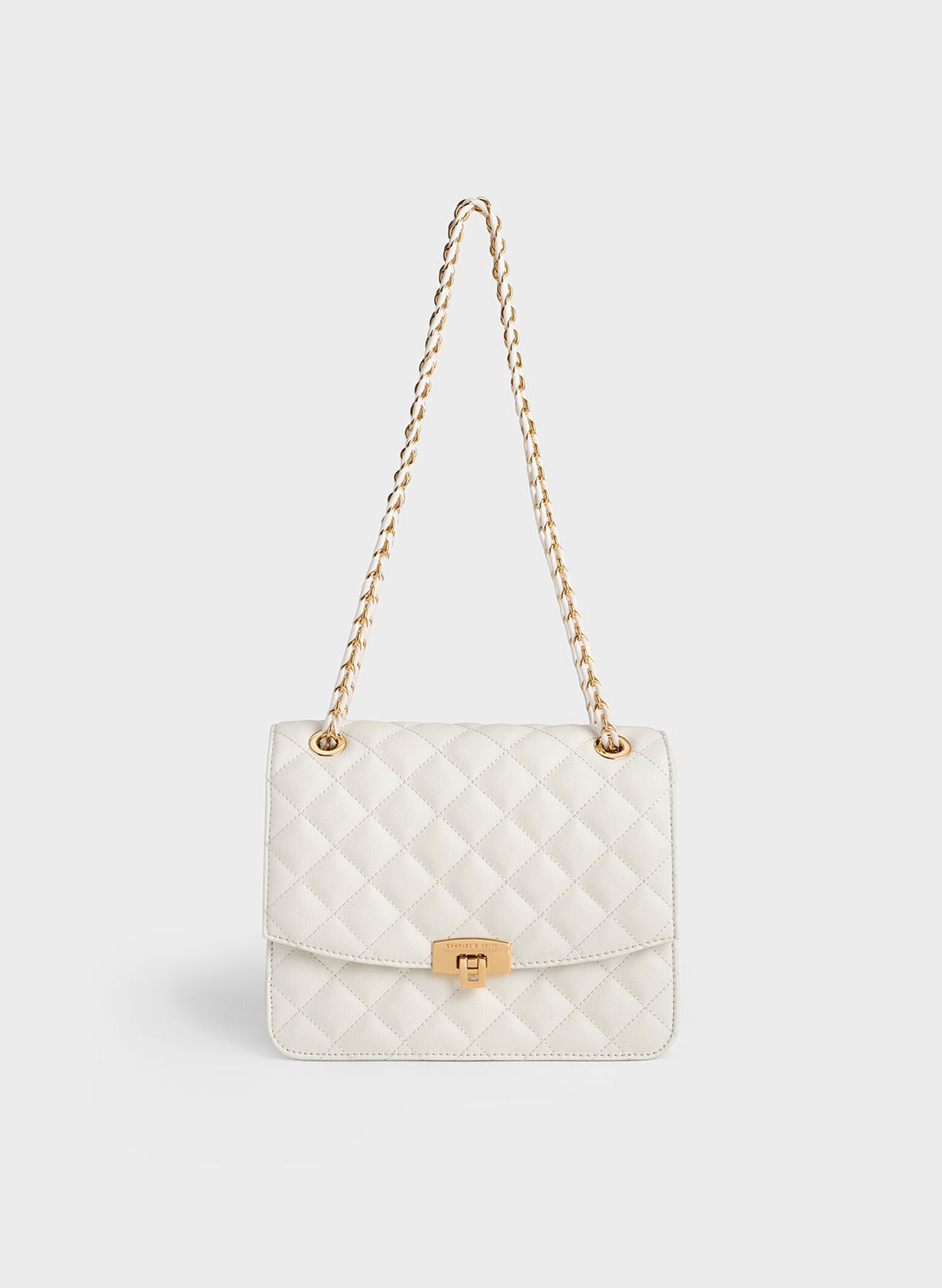 Quilted Chain Strap Clutch, Cream, hi-res