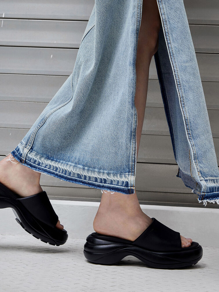 Wide-Strap Curved Platform Sports Sandals, Black, hi-res