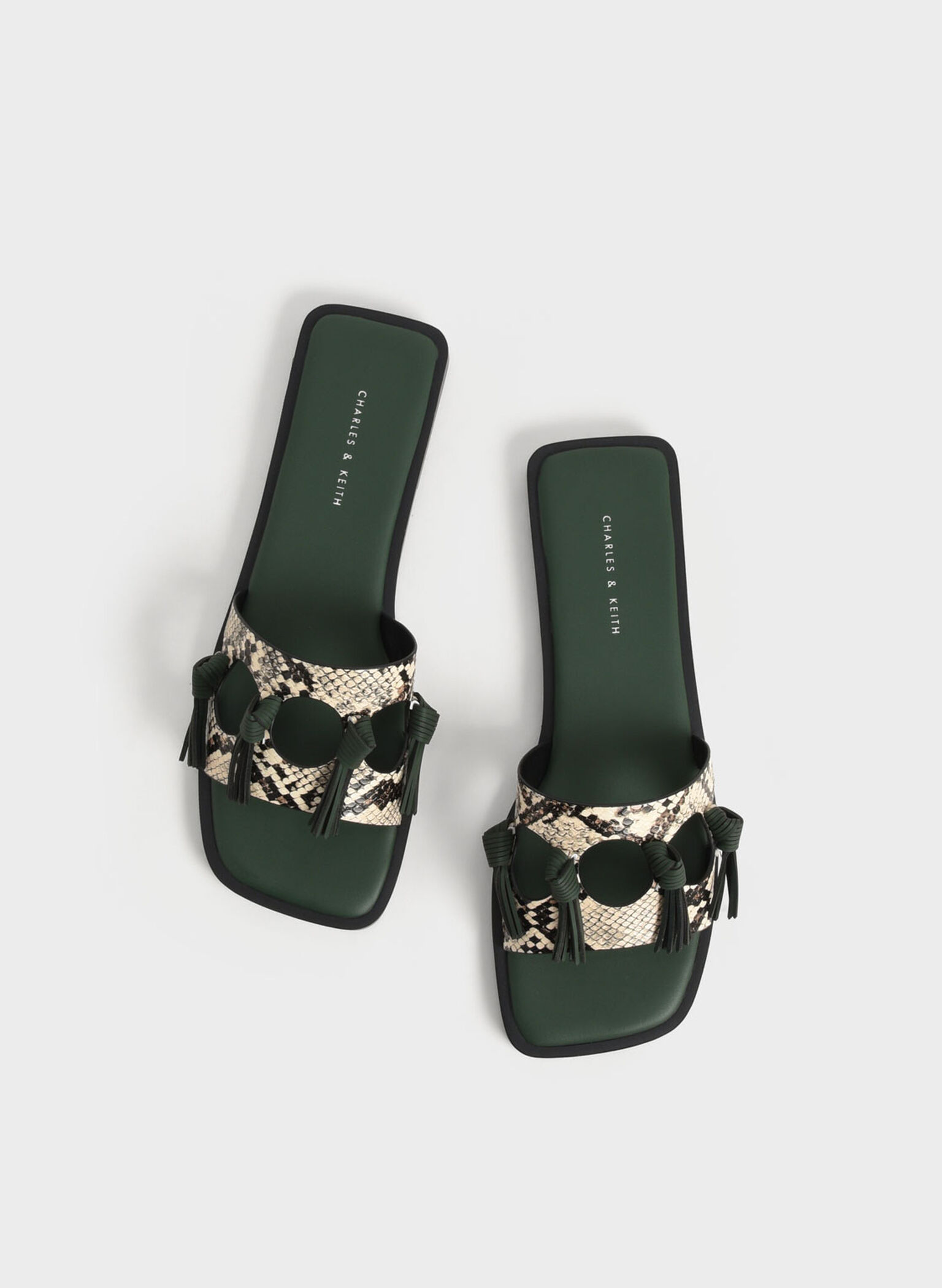 Snake-Print Fringe Detail Slide Sandals, Animal Print Natural, hi-res
