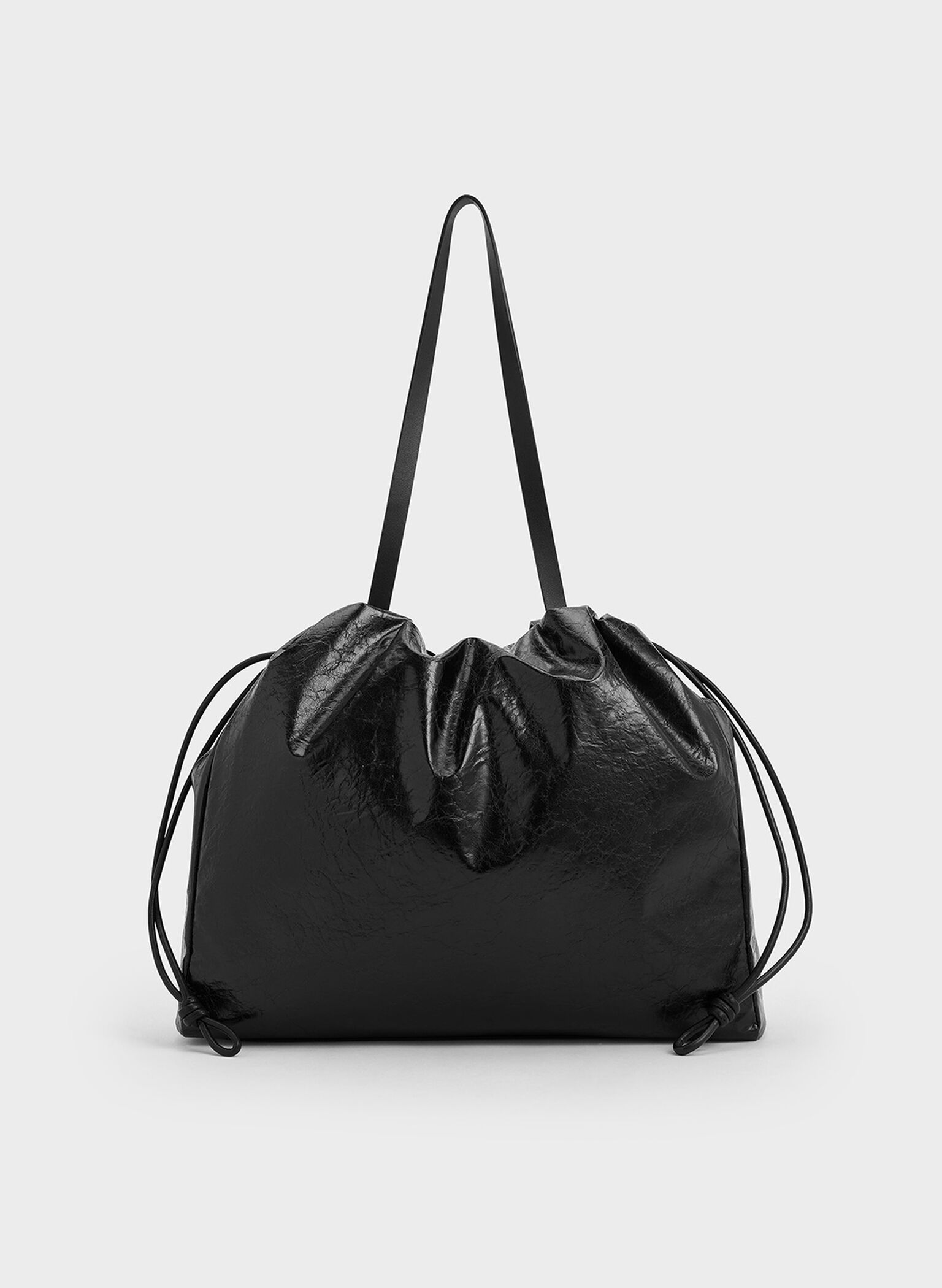 Bethel Crinkle-Effect Ruched Drawstring Tote Bag, Black, hi-res