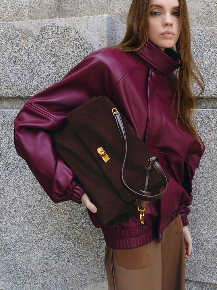 Kerry Recycled Suede Top Handle Satchel Bag, Espresso Brown, hi-res