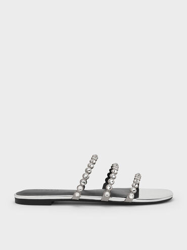 Crystal-Embellished Triple-Strap Sandals, Silver, hi-res