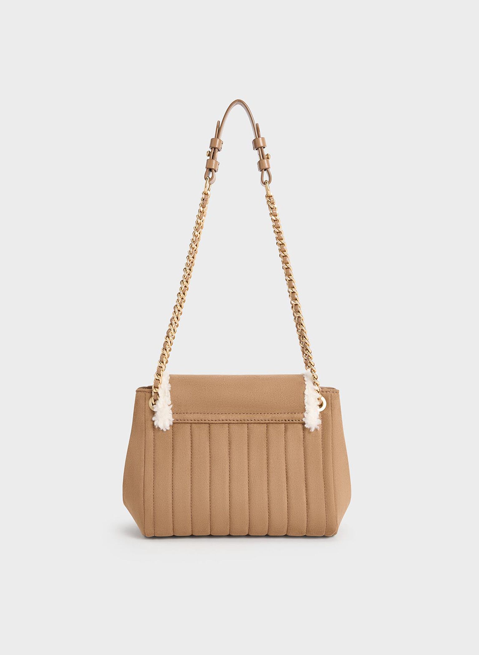 Donna Faux Suede Fur-Trim Shoulder Bag, Tan, hi-res
