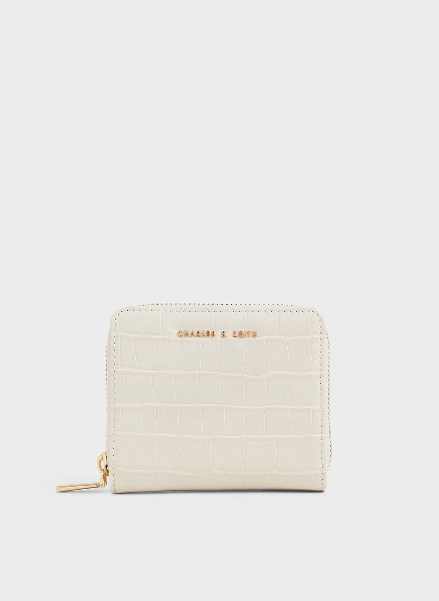 Croc-Effect Small Zip-Around Wallet, Cream, hi-res