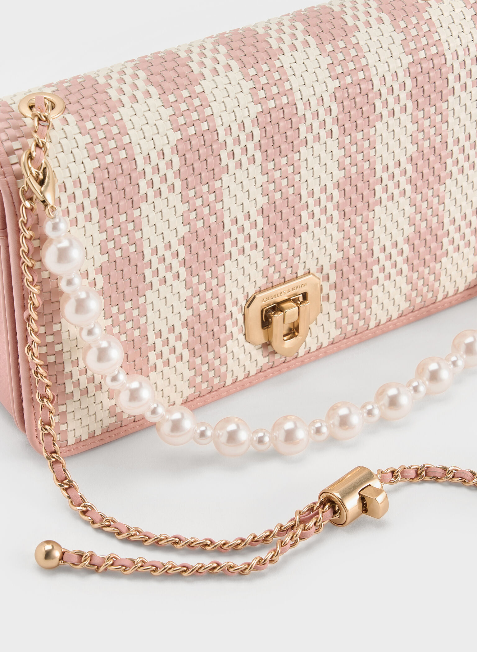 Alessia Checkered Pearl-Embellished Wallet on Chain, Light Pink, hi-res