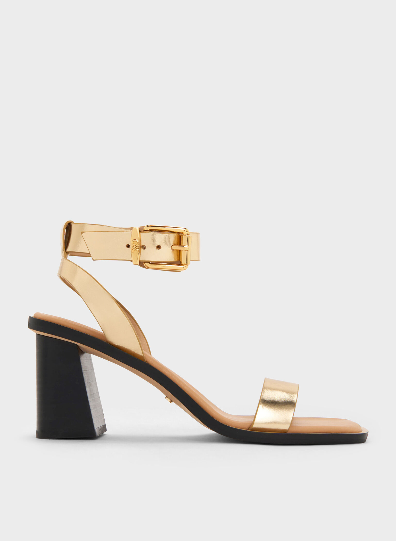 Metallic Leather Ankle-Strap Block-Heel Sandals, Gold, hi-res