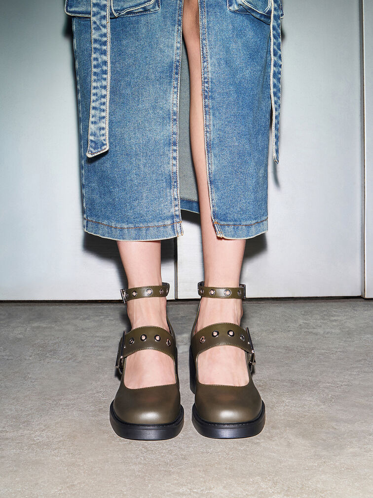 Grommet-Strap Mary Jane Pumps, Olive, hi-res