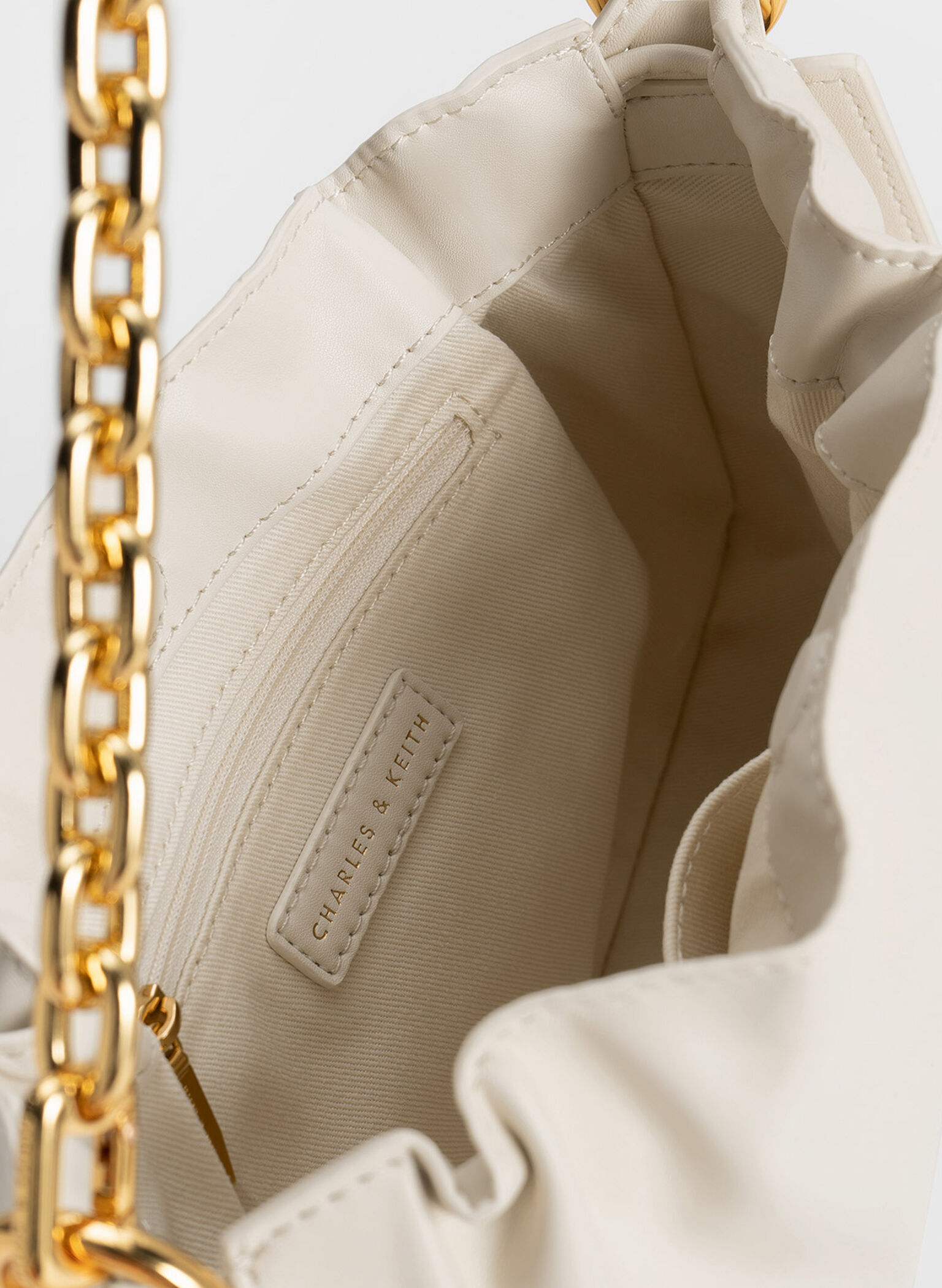 Ruched Chain Handle Drawstring Bag, Chalk, hi-res