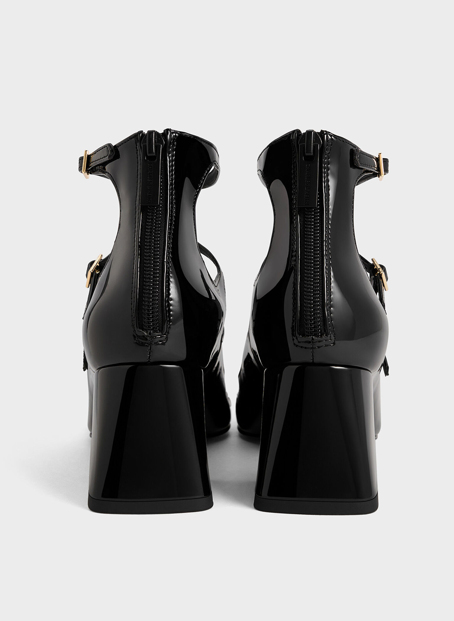 Patent Triple-Strap Cap-Toe Mary Jane Pumps, Black Patent, hi-res
