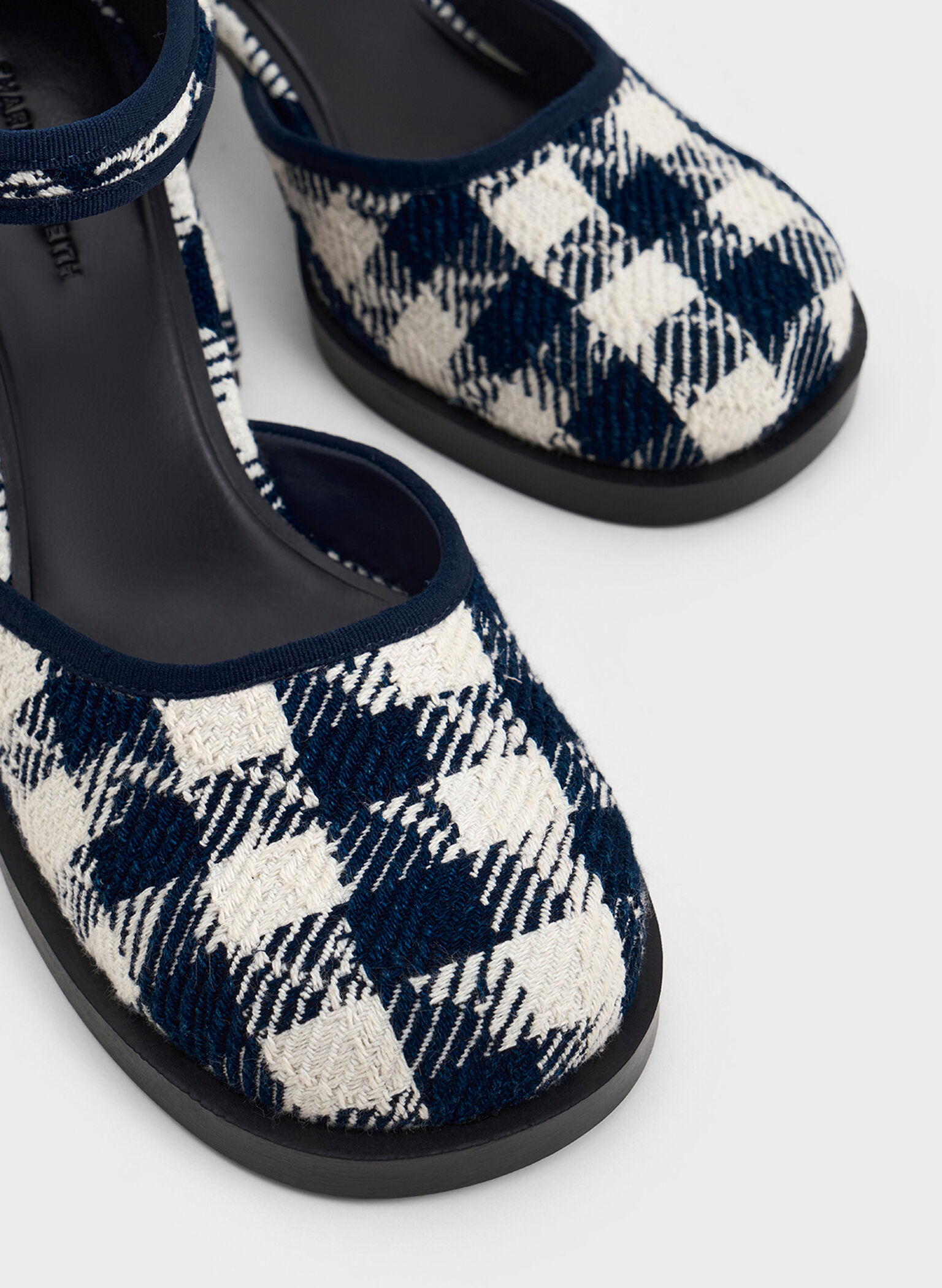 Checkered Block-Heel Ankle-Strap D'Orsay Pumps, Dark Blue, hi-res