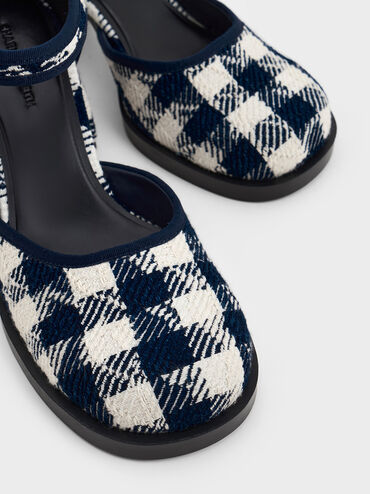 Checkered Block-Heel Ankle-Strap D'Orsay Pumps, Dark Blue, hi-res