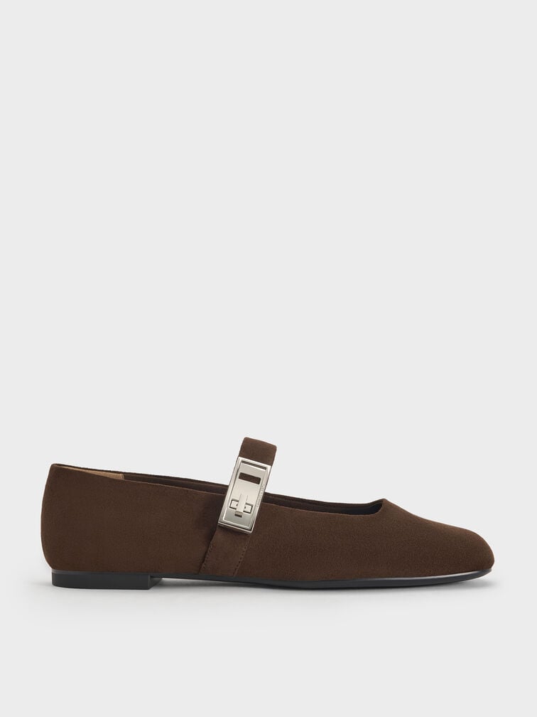 Lando Faux Suede Metallic-Buckle Mary Jane Flats, Dark Brown Textured, hi-res