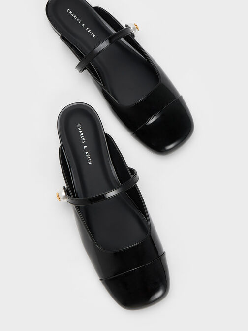 Pearl Embellished Patent Flat Mules, Black Patent, hi-res